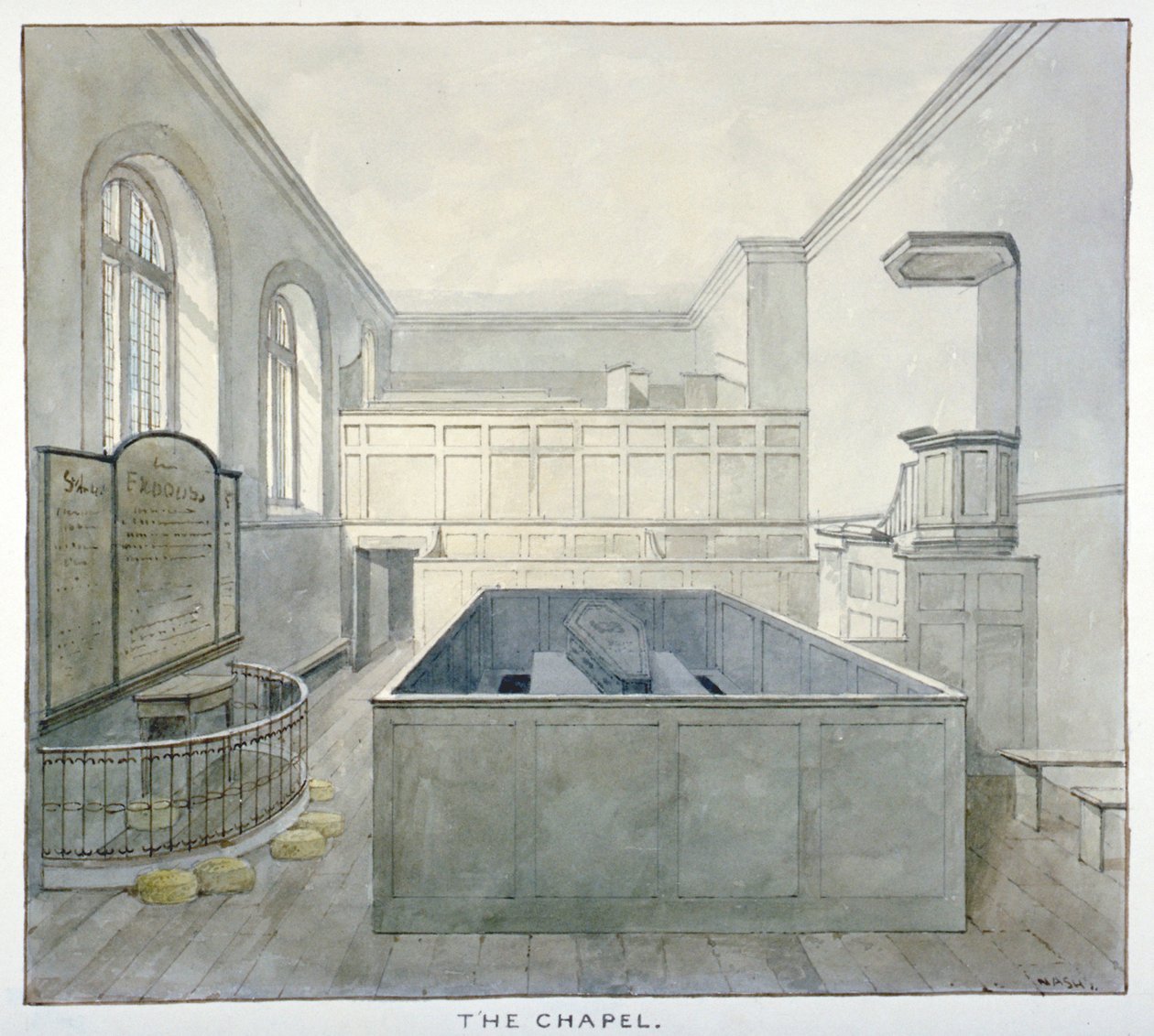 Vista interior de la capilla en la prisión de Newgate, Old Bailey, Ciudad de Londres, 1840 de Frederick Nash