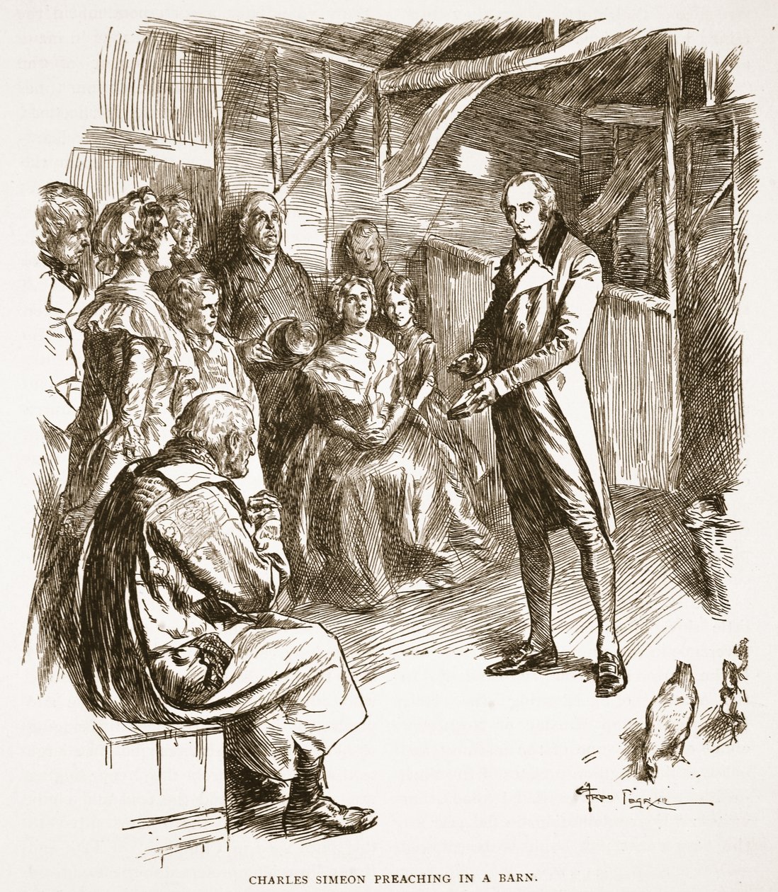 Charles Simeon predicando en un granero, ilustración de 