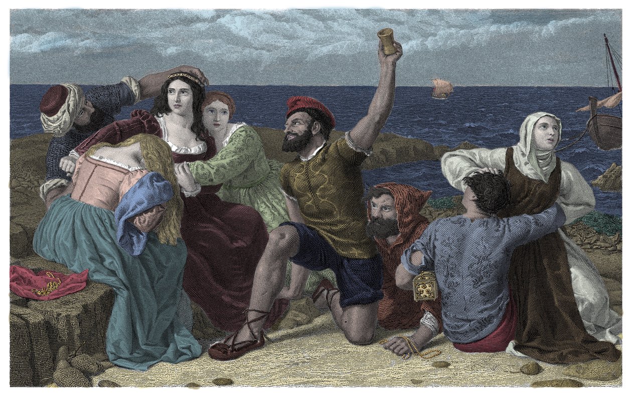 Piratas del Mar Mediterráneo juegan a ser prisioneros. Ilustración de Frederick Richard Pickersgill (1820-1900) 1869 de Frederick Richard Pickersgill
