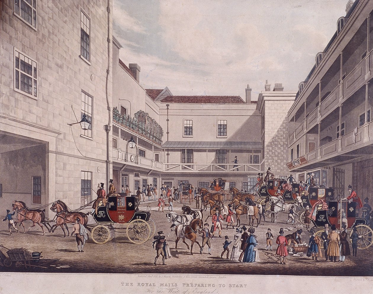 Coches de Correo Real en Lad Lane, Londres, 1831 de Frederick Rosenberg