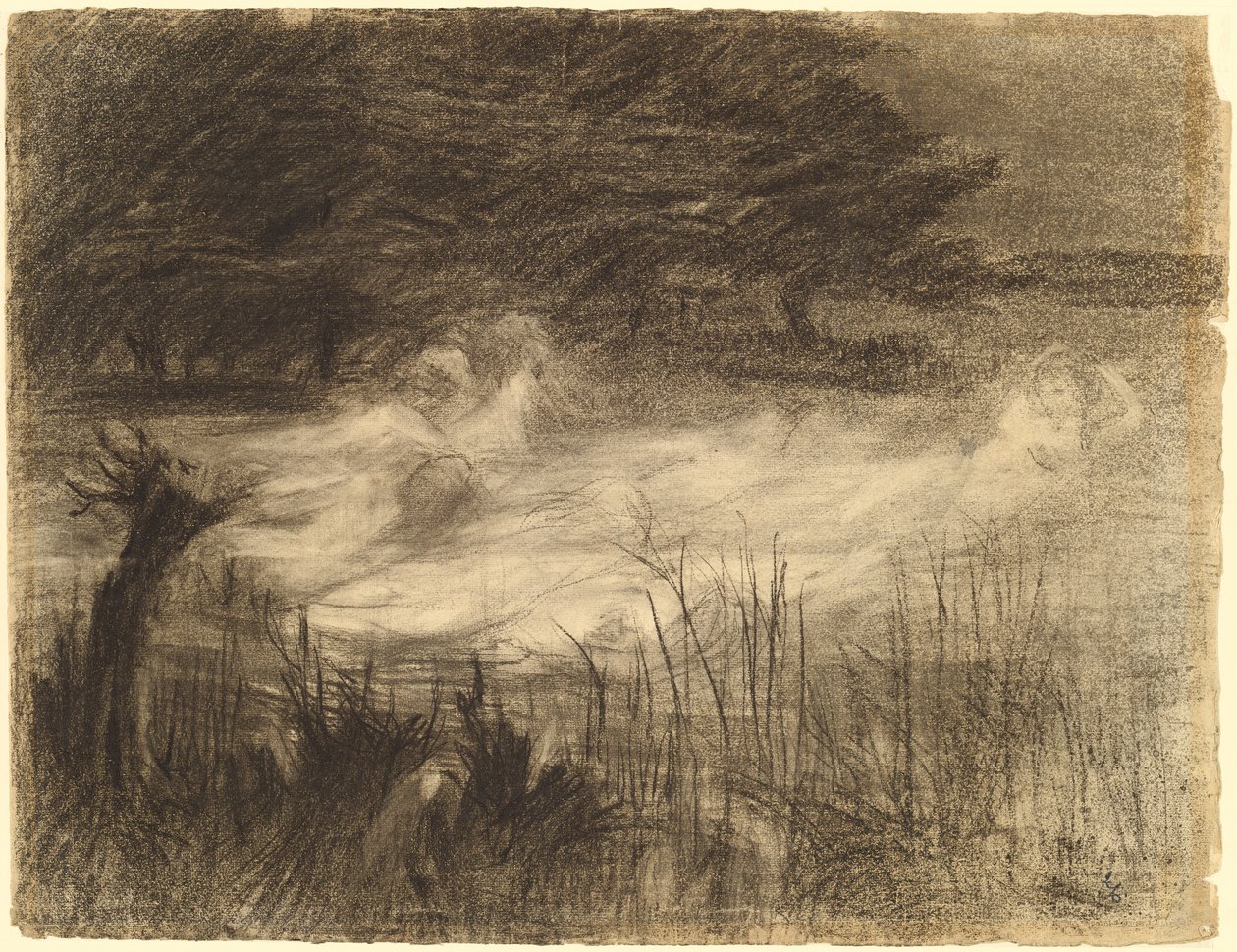 Mujer flotando en un río atendida por varios espíritus femeninos de Frederick Trapp Friis