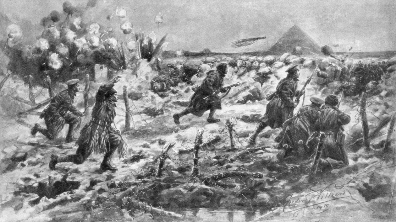 Un ataque británico usando la bayoneta y la granada, Neuve-Chapelle, Francia, 10 de marzo de 1915, 1926 de Frederick Villiers