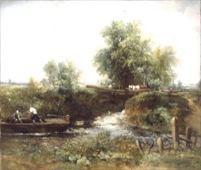 Río con caballos cruzando y bote de Frederick Waters Watts