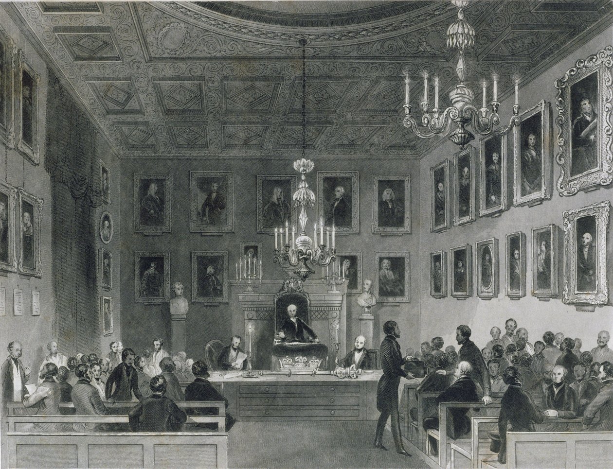 Vista del interior de Somerset House, mostrando una reunión de la Sociedad Real de Anticuarios, c.1840 de Frederick William Fairholt
