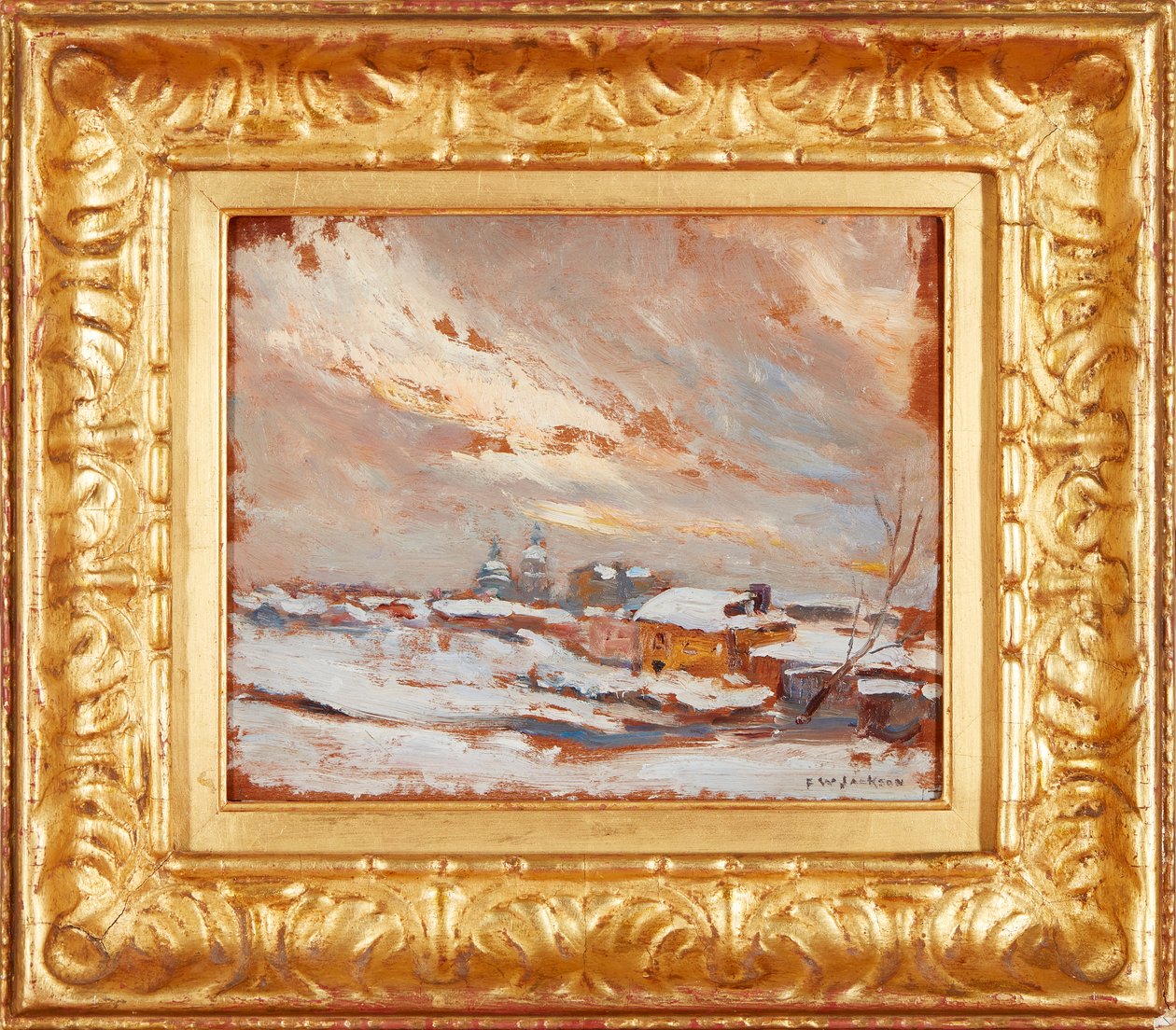 Paisaje invernal con cúpulas lejanas, Rusia (óleo sobre tabla) de Frederick William Jackson