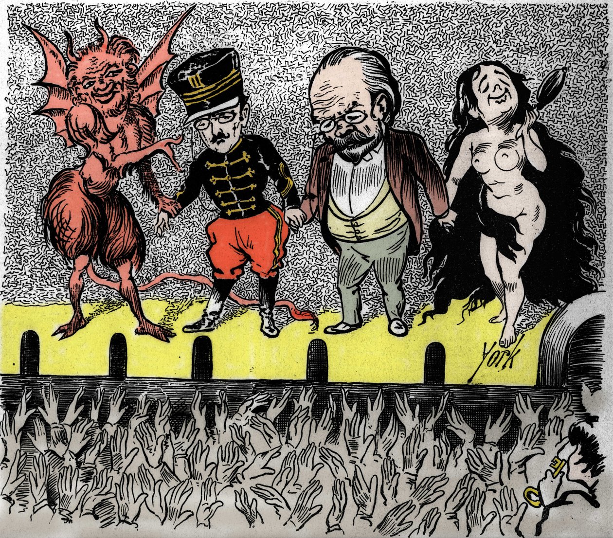 Rehabilitación de Dreyfus: la conclusión, los protagonistas son aplaudidos por el público. De izquierda a derecha, el diablo que dirigió el caso, el Capitán Alfred Dreyfus, Emile Zola y el Desnudo Verdadero. Viñeta satírica de York. de Frederick York