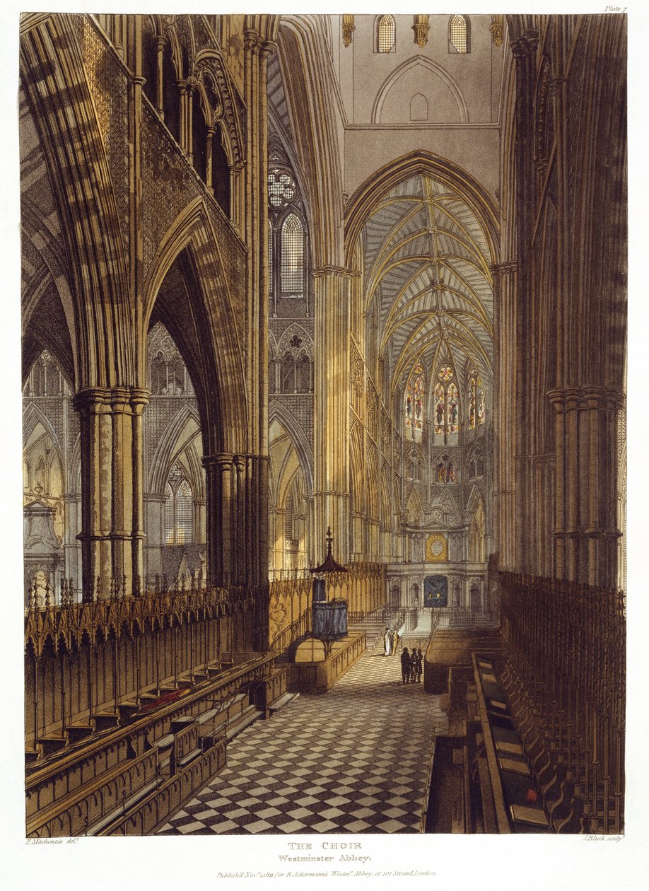 El Coro, lámina 7 de la Abadía de Westminster, grabado por J. Bluck, publicado por Rudolph Ackermann, 1811 de Frederick after Mackenzie