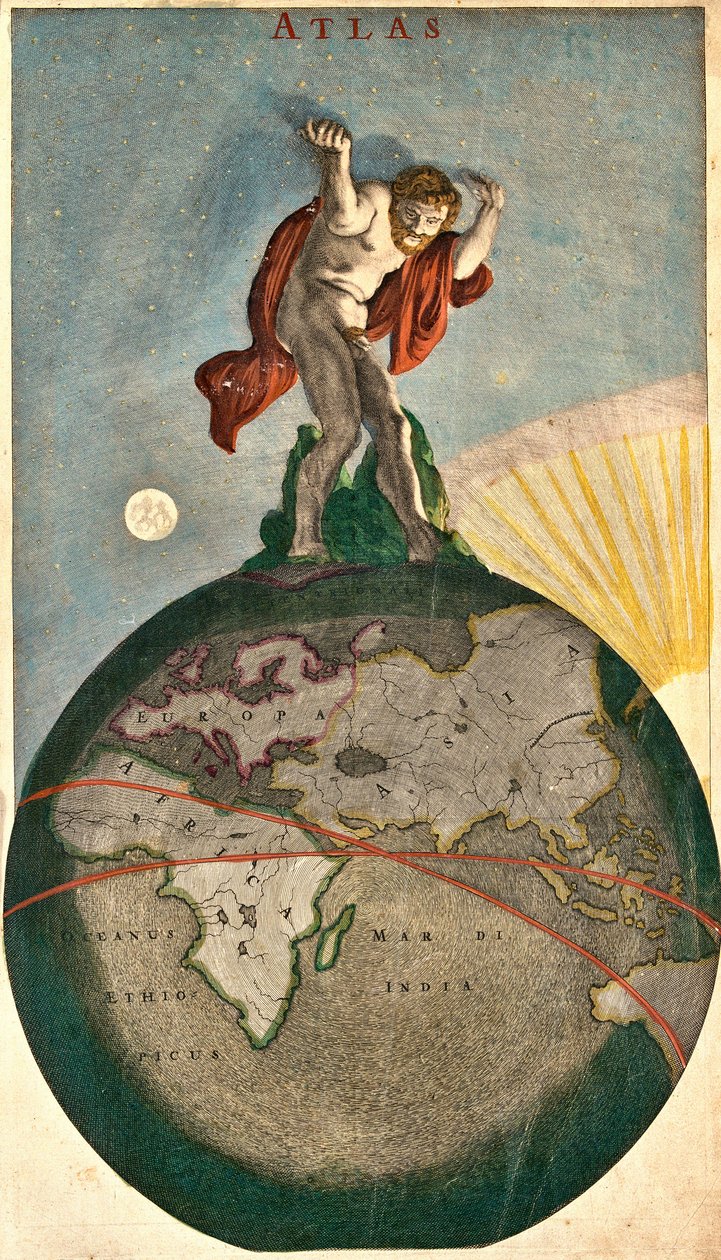 Atlas sosteniendo la bóveda celeste, apoyándose en la Tierra de Frederick de Wit
