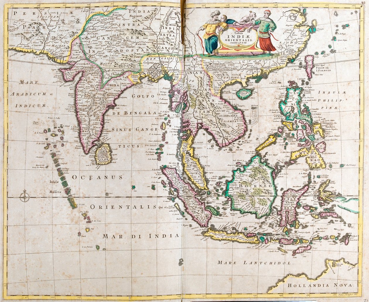 Mapa de la India Oriental (Sur y Sudeste de Asia: Pakistán, India, Nepal, Bangladesh, Birmania, Sri Lanka, Tailandia, Malasia, Vietnam, Camboya, Laos, Filipinas, Singapur e Indonesia) de Frederick de Wit