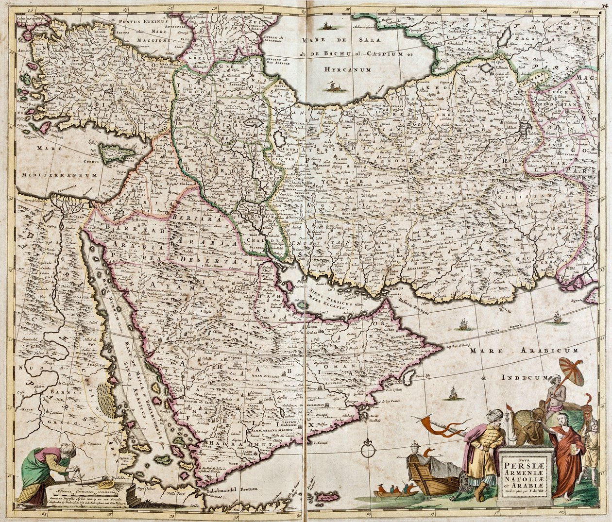 Mapa de Persia (Irán), Armenia, Anatolia (Turquía) y Arabia (península arábiga: Arabia Saudita, Kuwait, Emiratos Árabes Unidos, Omán, Catar, Yemen, Baréin) de Frederick de Wit