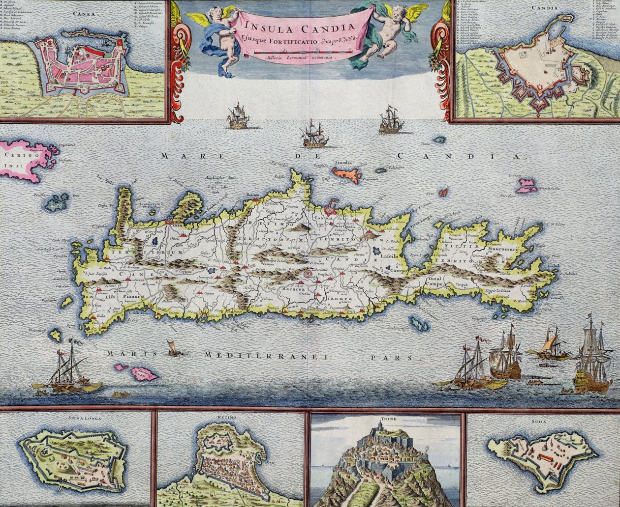 Mapa de la isla de Candia (Creta) con el puerto de Heraklion, c.1680 de Frederick de Wit