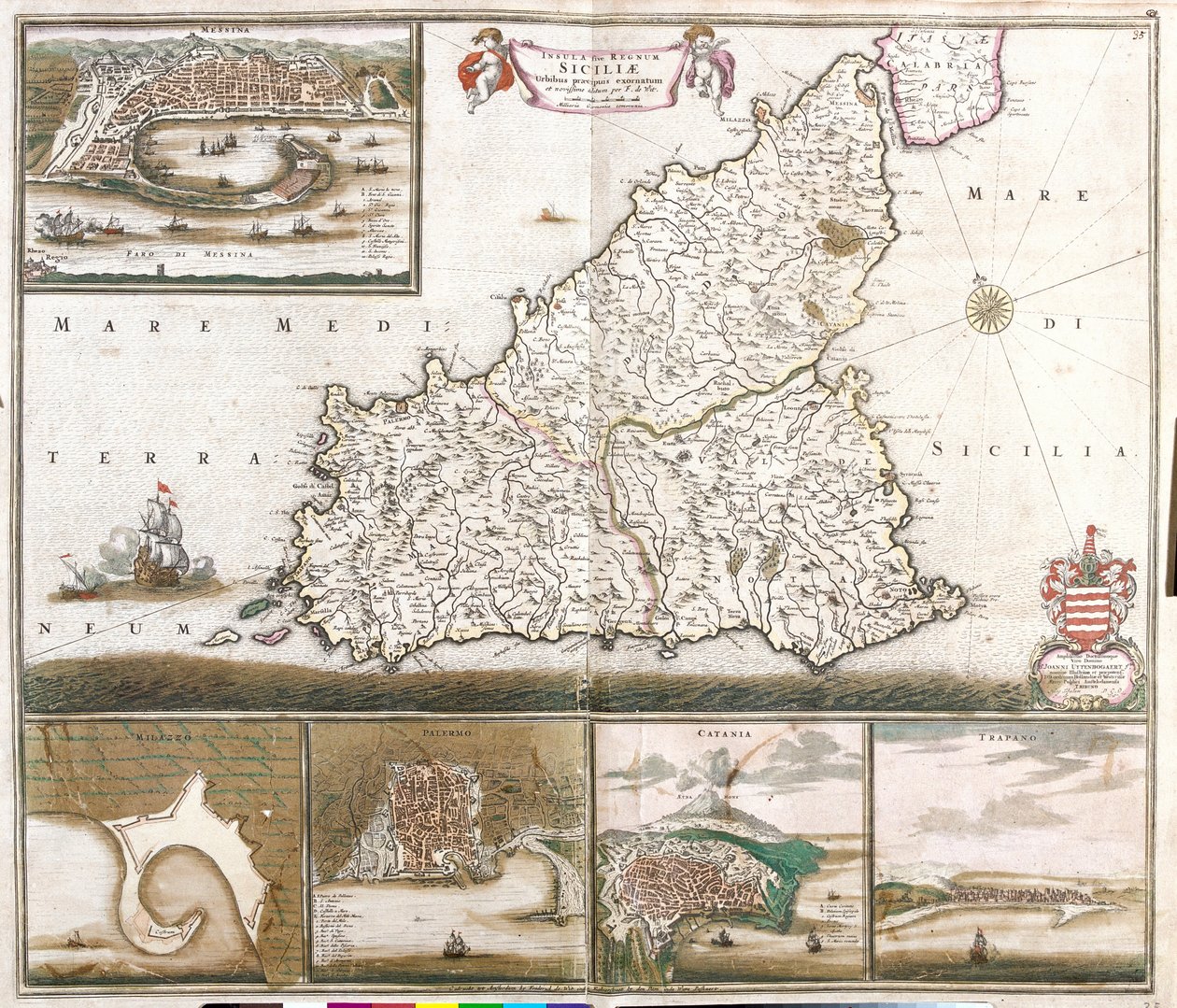 Mapa del Reino de Sicilia, Italia, con vistas de las ciudades de Mesina, Milazzo, Palermo, Catania y Trapani de Frederick de Wit