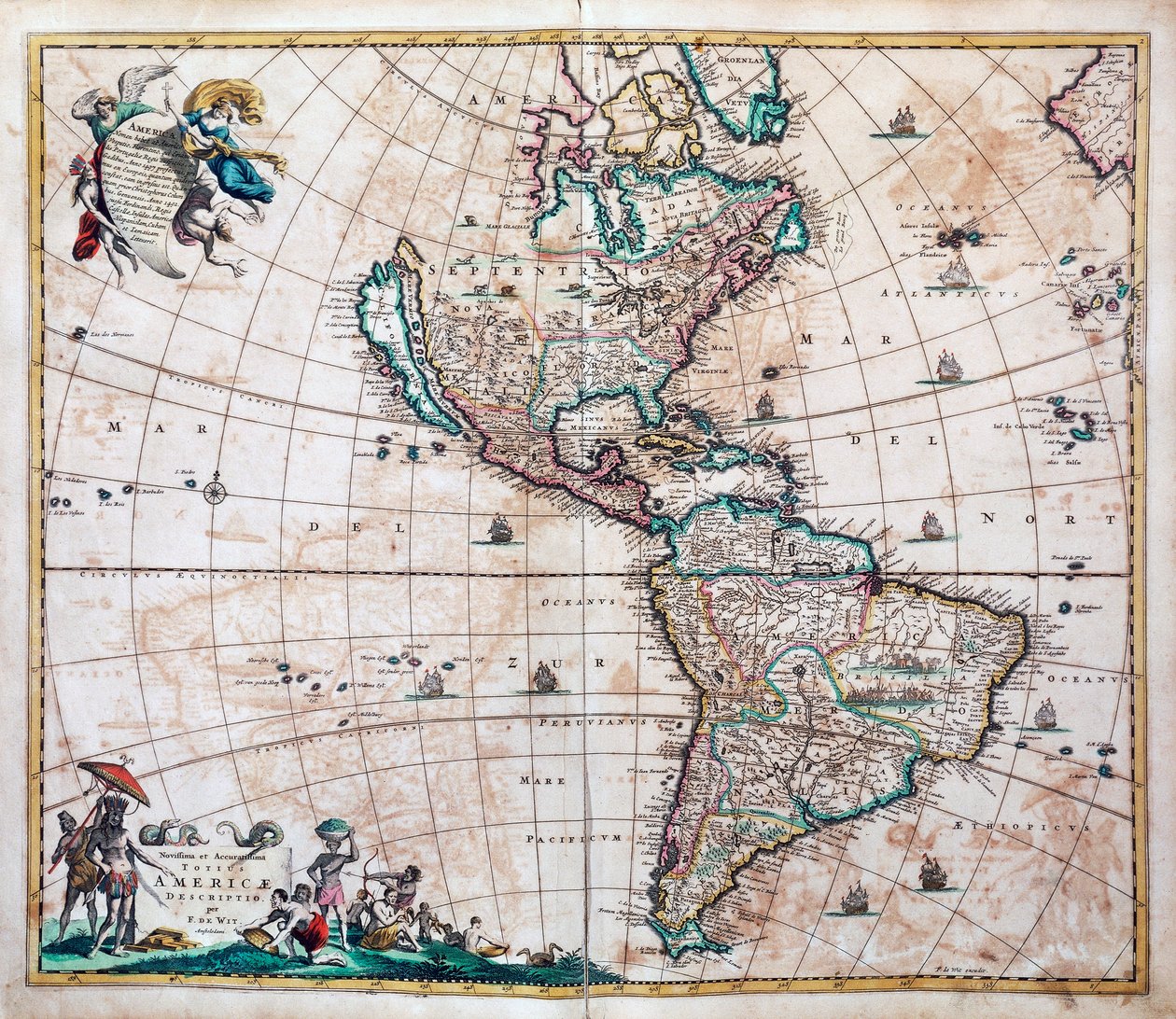 Novissima et totius Americae accurate descriptio, mapa de las Américas y el Pacífico de Frederick de Wit