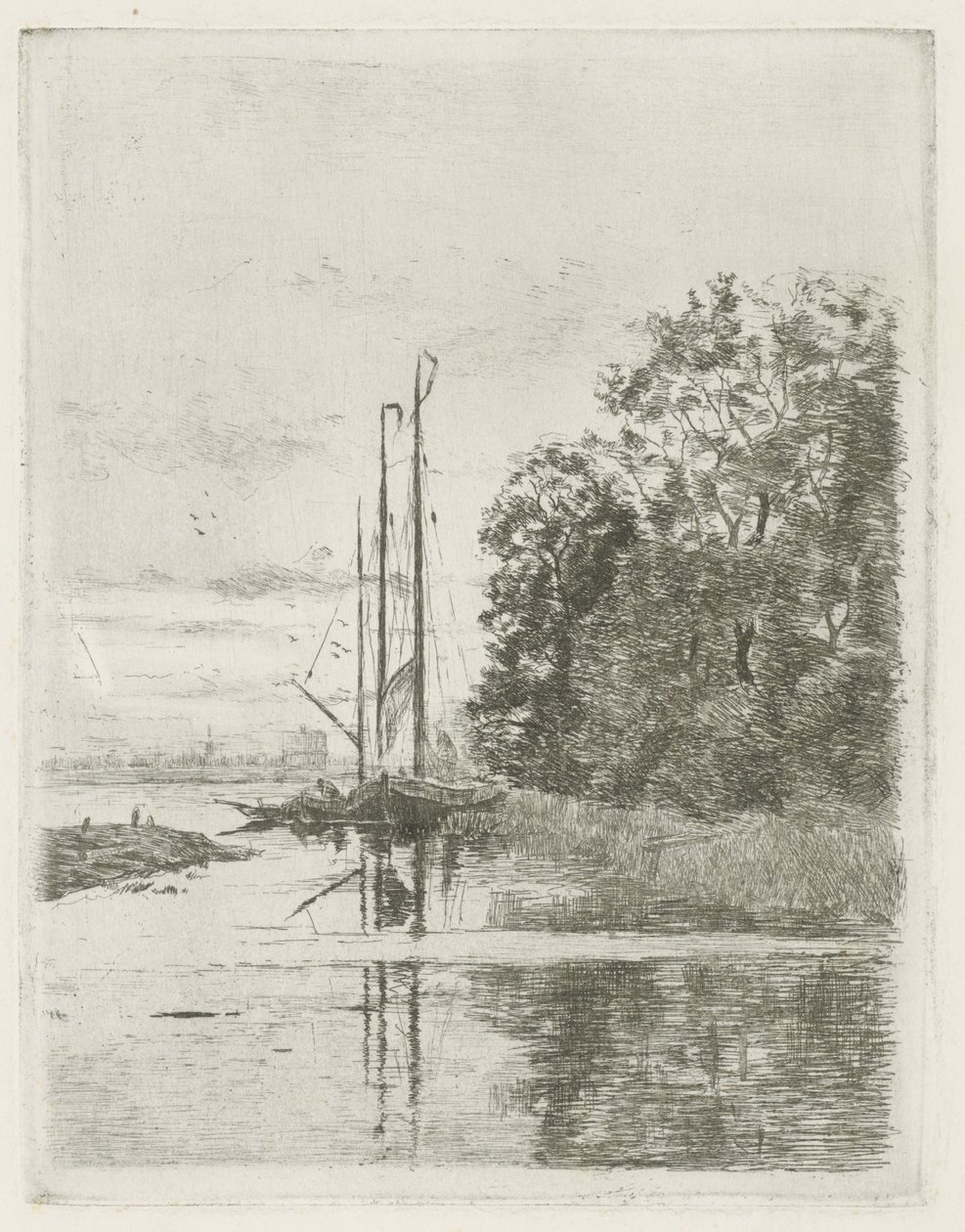 Vista al río con dos barcos y una barcaza. de Fredericus Jacobus van Rossum du Chattel (signed by artist)
