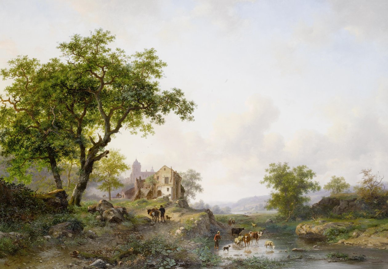 Paisaje de verano con ganado cerca de un río de Frederick Marianus Kruseman