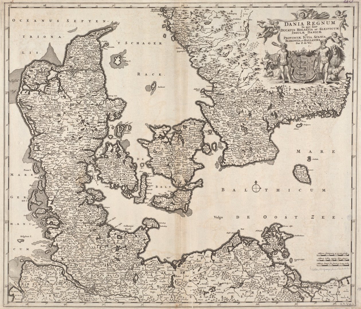 Dania regnum in quo sunt Ducatus Holsatia et Slesvicum Insulae Danicae et Provinciae Iutia, Scania, Blekingia et Hallandia de Frederick de Wit