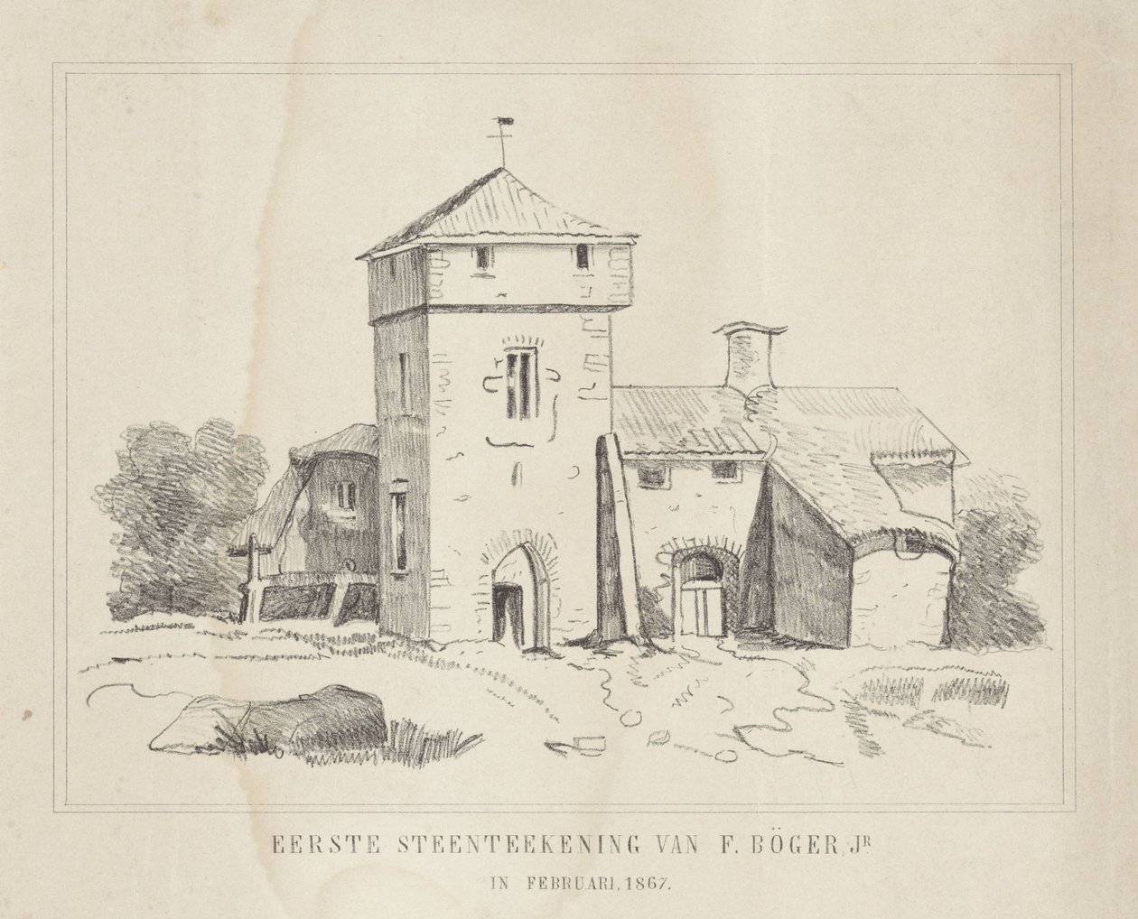 Una granja
Primer dibujo en piedra de F. Börger Jr. (título en el objeto) de Frederik Böger