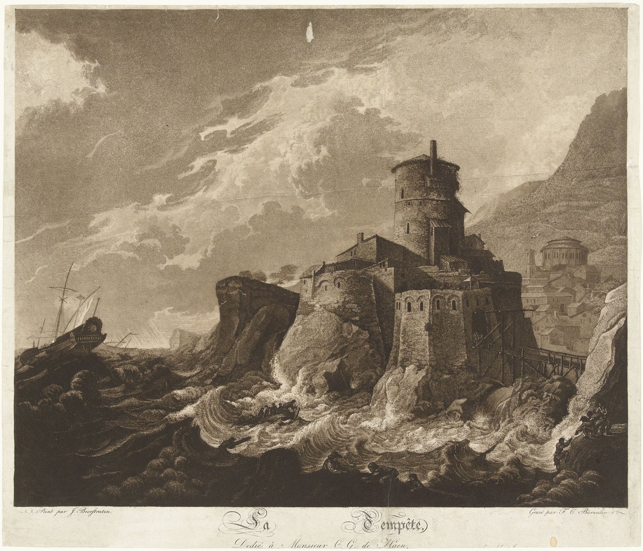 Castillo en costa rocosa y barcos en tormenta en el mar La Tempête (título sobre objeto) de Frederik Christiaan Bierweiler