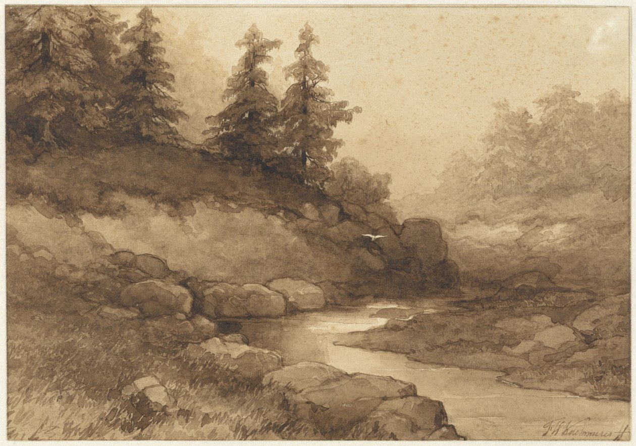 Paisaje de colinas con un río de Frederik Hendrik Kaemmerer