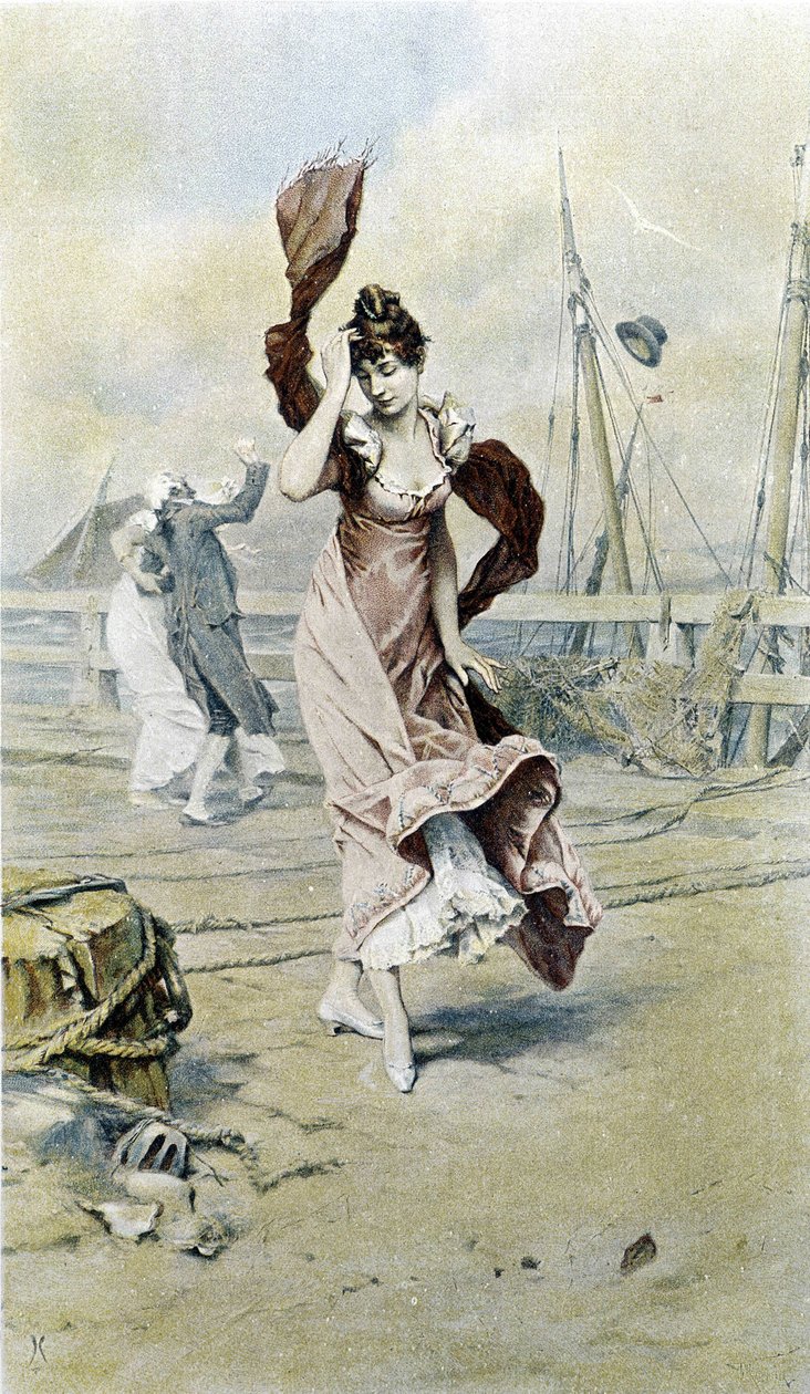 Mujer en la costa - alegoría de principios de primavera, calendario ilustrado por Hubert Dys de Frederik Hendrik Kaemmerer