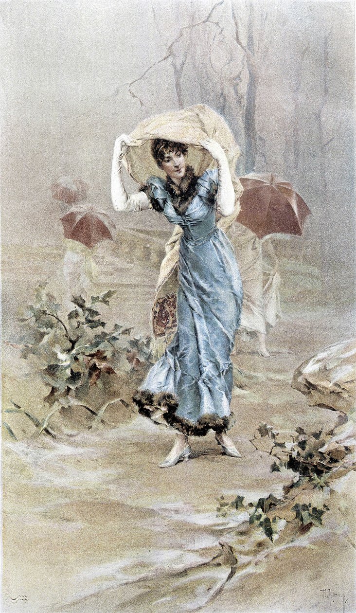 Mujer protegiéndose de la lluvia - alegoría de principios de otoño, calendario ilustrado por Hubert Dys de Frederik Hendrik Kaemmerer