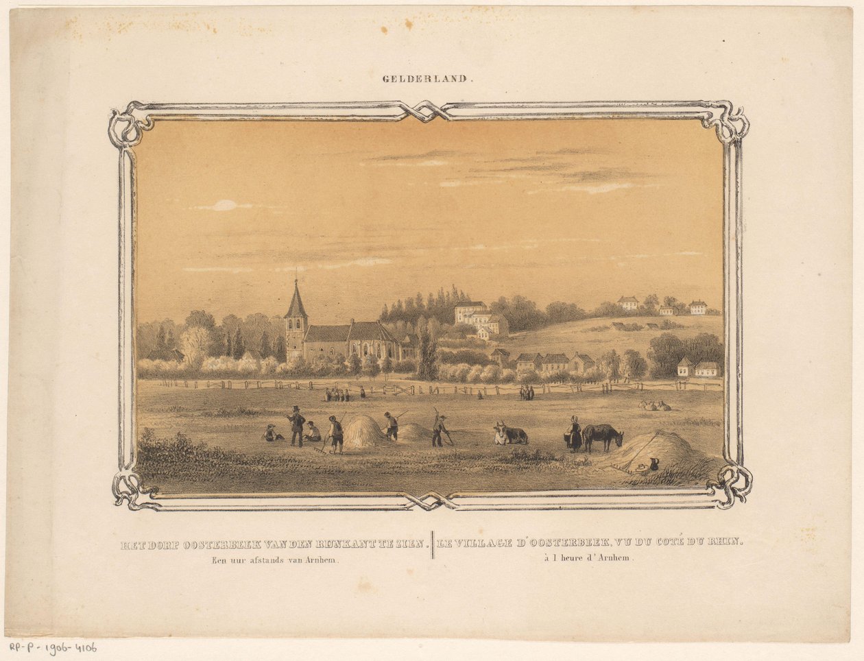 Vista de Oosterbeek con figuras de heno
Vista del pueblo de Oosterbeek desde el lado del Rin. A una hora de distancia de Arnhem. (título en el objeto)
Gelderland (título de la serie en el objeto) de Frederik Lodewijk Huygens