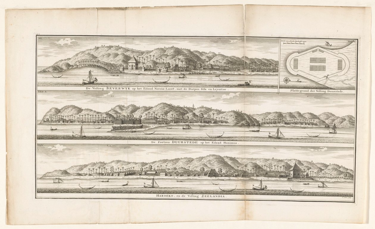 Tres fortalezas en las Molucas La Fortaleza Beverwyk en la Isla de Noesa-Laoet, con los Pueblos de Sila y Leynitoe / Mapa de la Fortaleza Duurstede / Las Fortalezas Duurstede en la Isla de Honimoa / Haroeko, y la Fortaleza Zeelandia (título sobre el objeto de Frederik Ottens