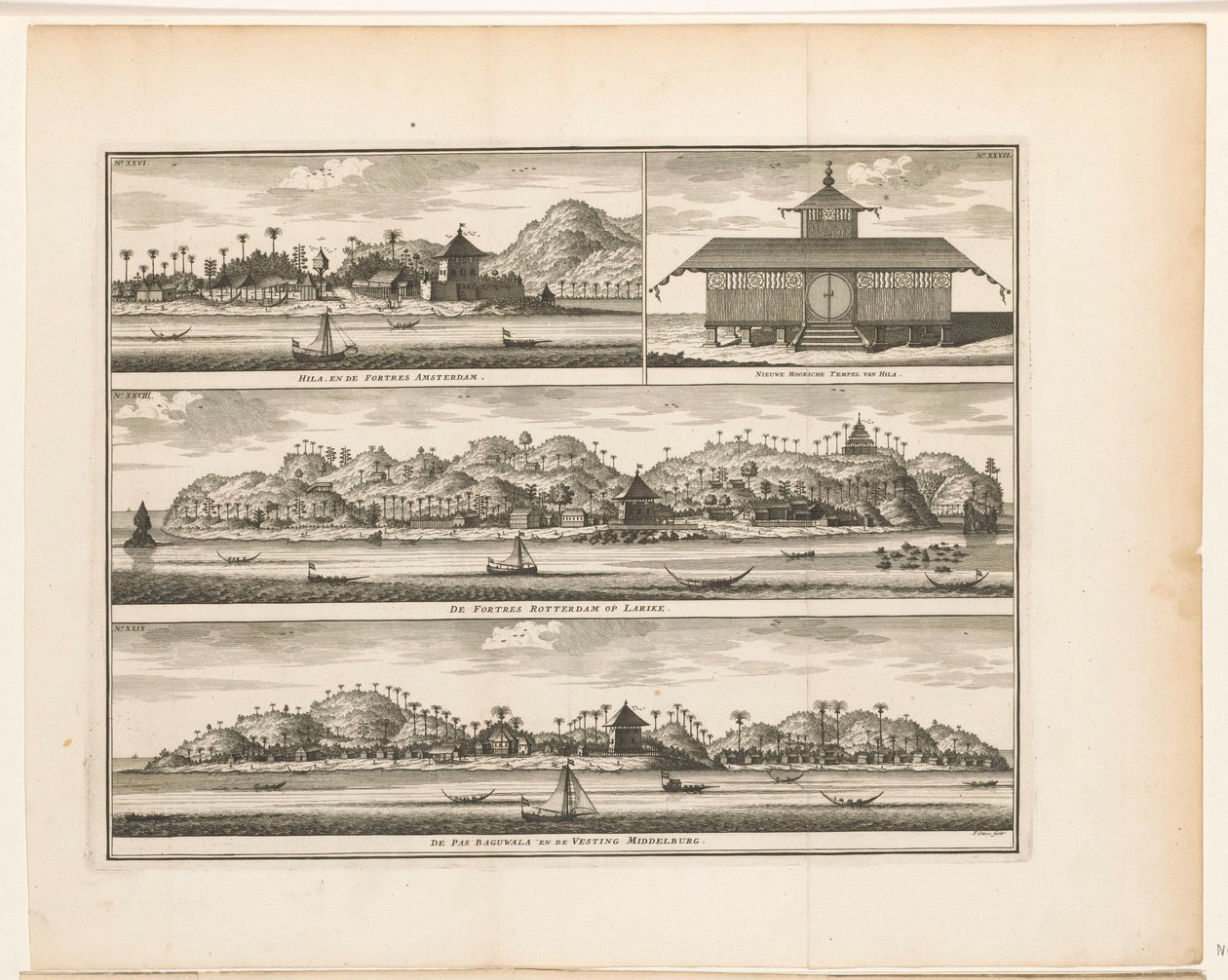 Tres fortalezas en Ambon Hila, and the Fortres Amsterdam / New Moorsche Temple of Hila / The Fortres Rotterdam on Larike / De Pas Baguwala and the Vesting Middelburg (título sobre el objeto) de Frederik Ottens