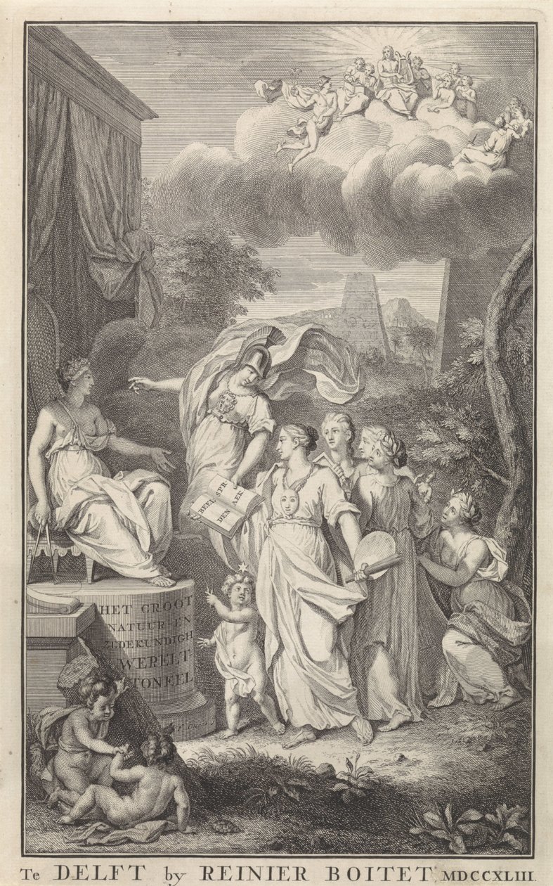 Minerva y las Artes para una figura entronizada Página de título para: The Groot Natuur- en Zedekundigh Wereldtoneel, Delft, R. Boitet, 1743 de Frederik Ottens