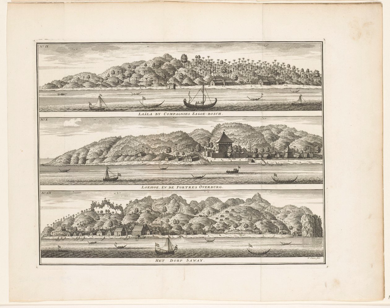 Varios refuerzos VOC en Ceram Laäla de Compagnies Sagoe-bosch / Loehoe, and the Fortres Overburg / The village of Saway (título sobre el objeto) de Frederik Ottens