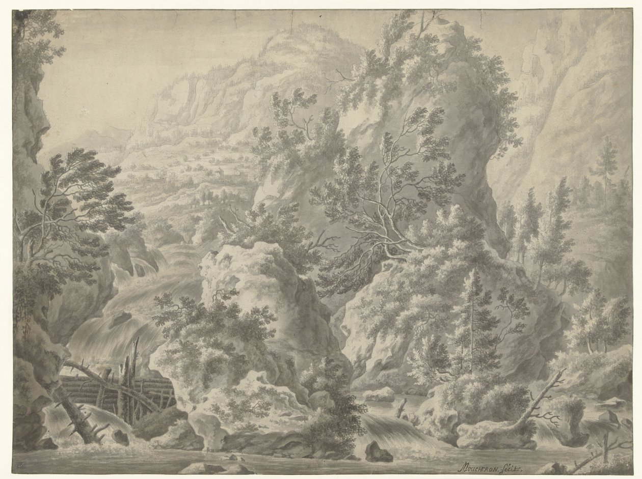 Paisaje de montaña con cascada de Frederik de Moucheron