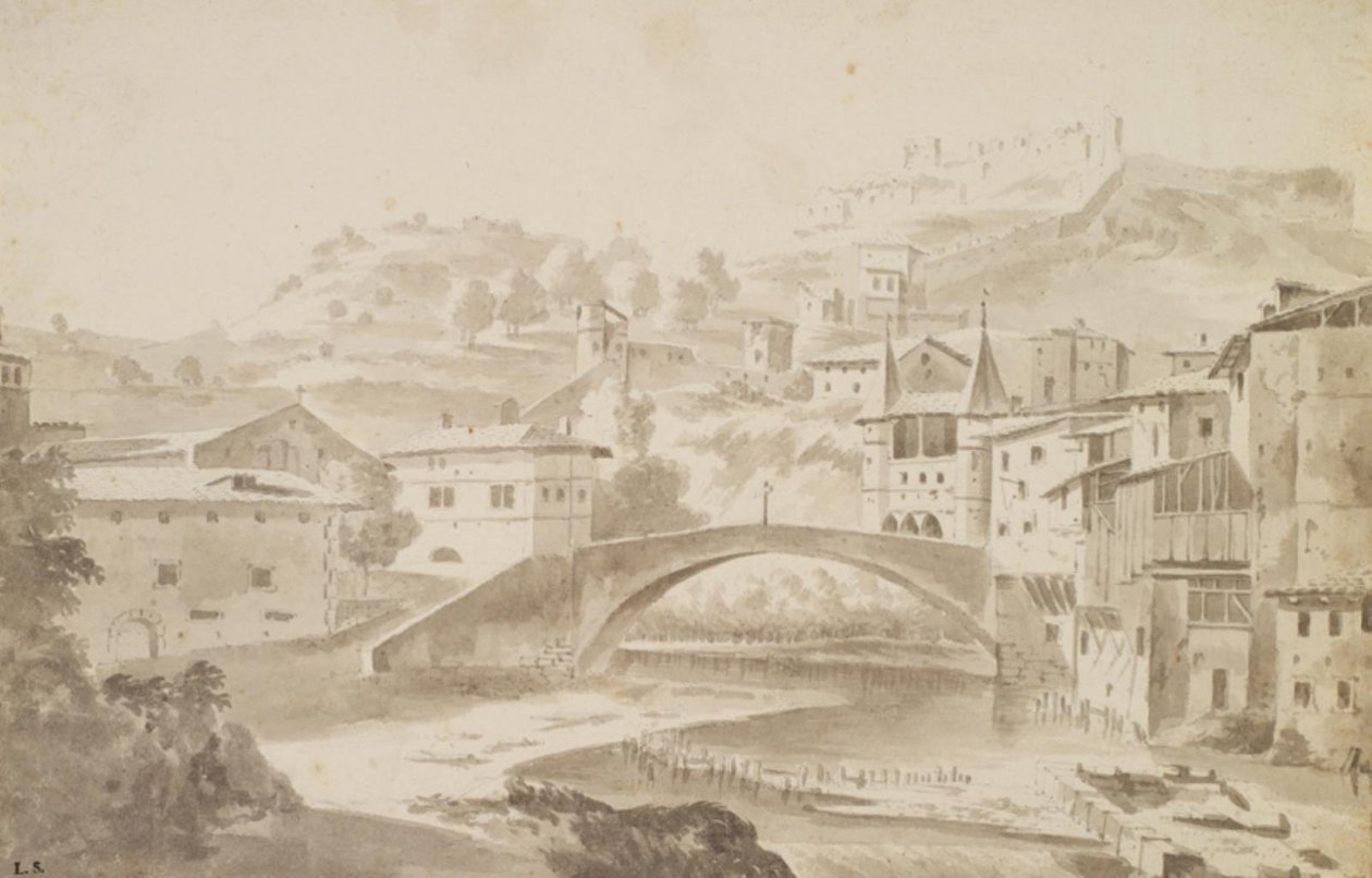 Vienne, cerca de Lyon. Puente Saint-Martin sobre el río Gére. A la izquierda, Priorato de Saint-Martin, a la derecha, Puerta de la Rochette y castillo Pipet de Frederik de Moucheron