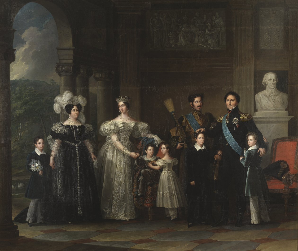 Familia Bernadotte: Oscar I (1799-1859), Desiree Clary (1777-1860), Josephine de Leuchtenberg (1807-1867), Carlos XV (1826-1872), Oscar II (1829-1907), Carlos XIV Juan (1763-1844), el príncipe Gustavo (1827-1852) y el príncipe de Fredric Westin