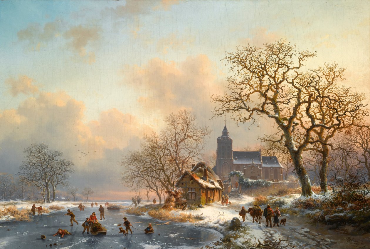 Un paisaje invernal con patinadores en un río congelado de Fredrik Marinus Kruseman