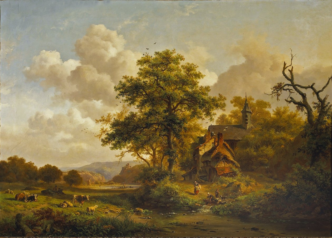 Un paisaje tranquilo con mujeres lavando junto a un arroyo y ganado vacuno y ovino descansando. de Fredrik Marinus Kruseman