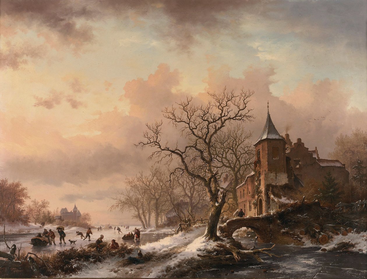 Castillo en un paisaje invernal y patinadores en un río helado de Fredrik Marinus Kruseman