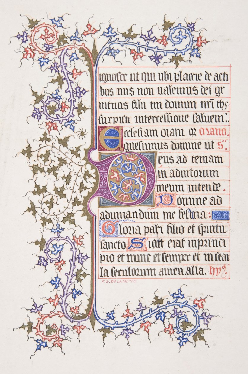 Hoja iluminada con inicial E recto, borde de vid verso, 1830-62 de Freeman Gage Delamotte