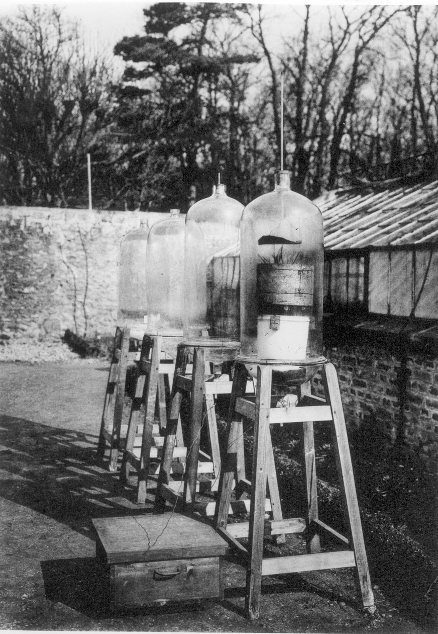 Campanas de vidrio usadas para estudiar el nitrógeno atmosférico bajo la influencia de la electricidad en la Estación Marcellin Bertholet, Meudon, de un libro sobre 400 años del Colegio de Francia, publicado en 1930 de French Photographer