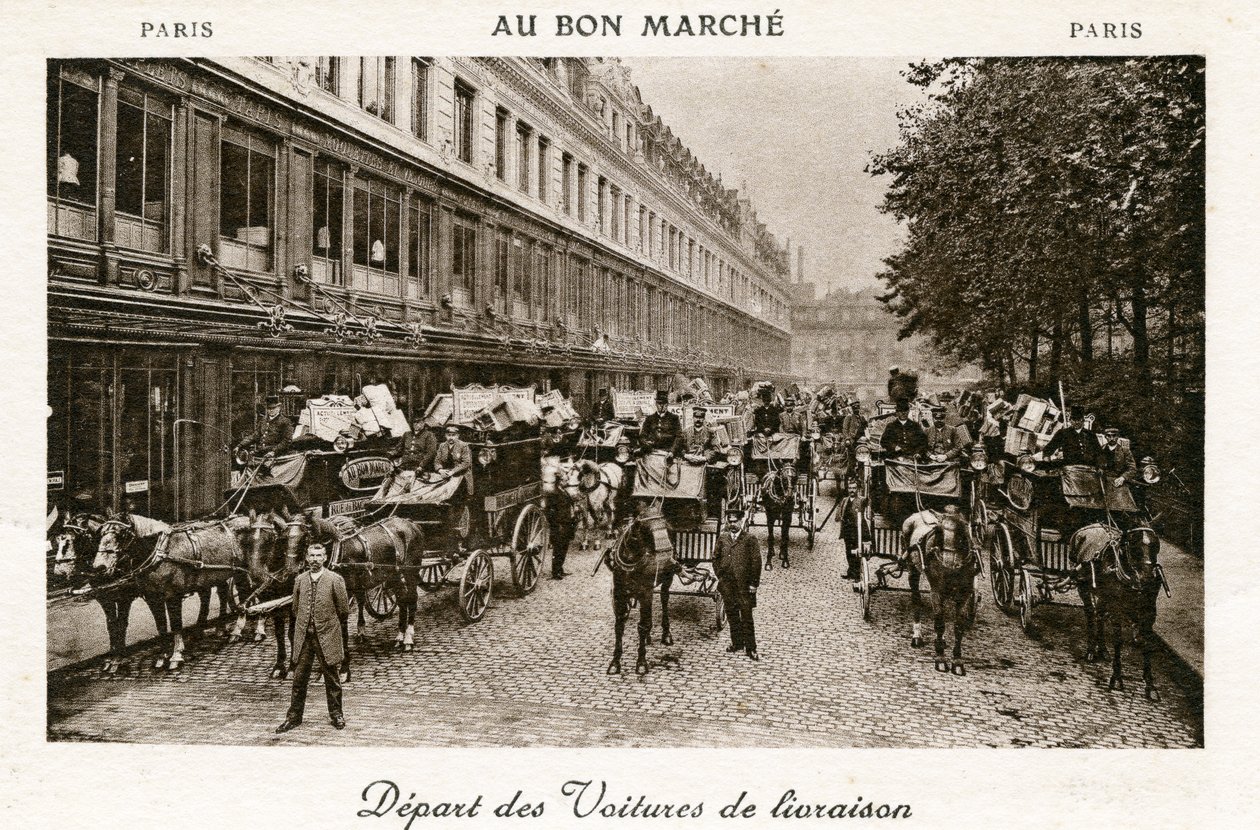 Salida de las furgonetas de reparto de los Grandes Almacenes Bon Marché, París, c.1890 de French Photographer