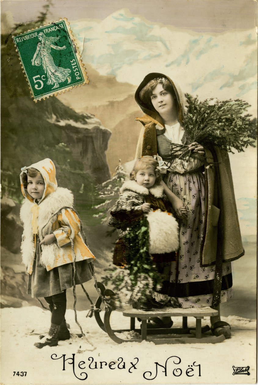 Familia con un trineo, tarjeta navideña francesa de French Photographer