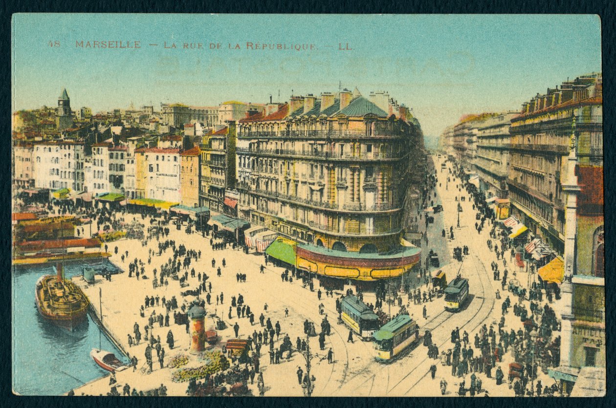 Postal que representa la Rue de la Republique en Marsella, Francia, c.1920 de French Photographer