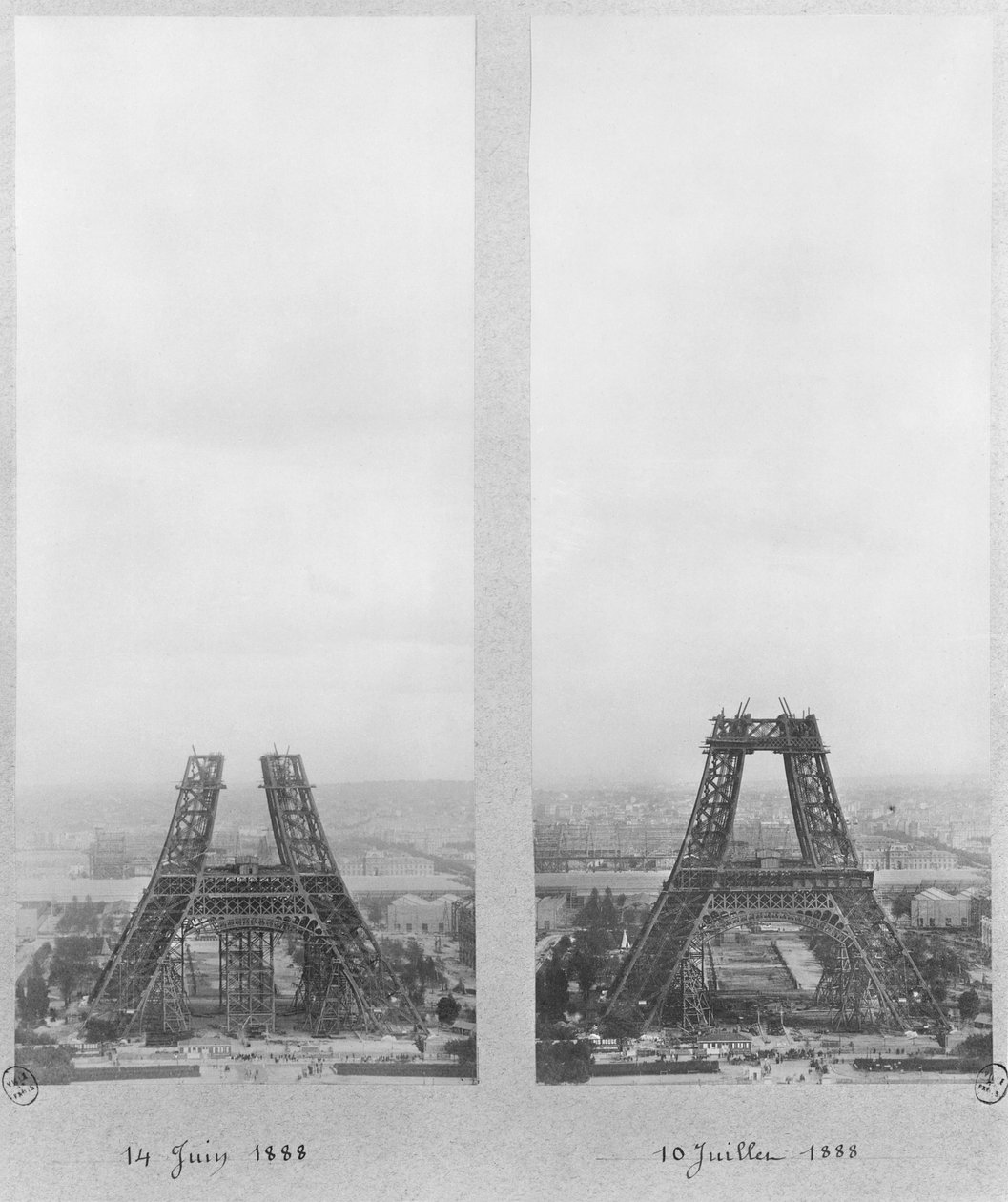 Dos vistas de la construcción de la Torre Eiffel, París, 14 de junio y 10 de julio de 1888 de French Photographer