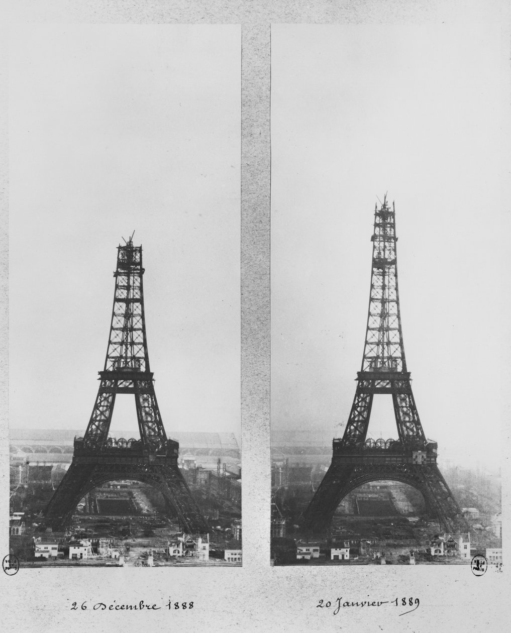 Dos vistas de la construcción de la Torre Eiffel, París, 26 de diciembre de 1888 y 20 de enero de 1889 de French Photographer