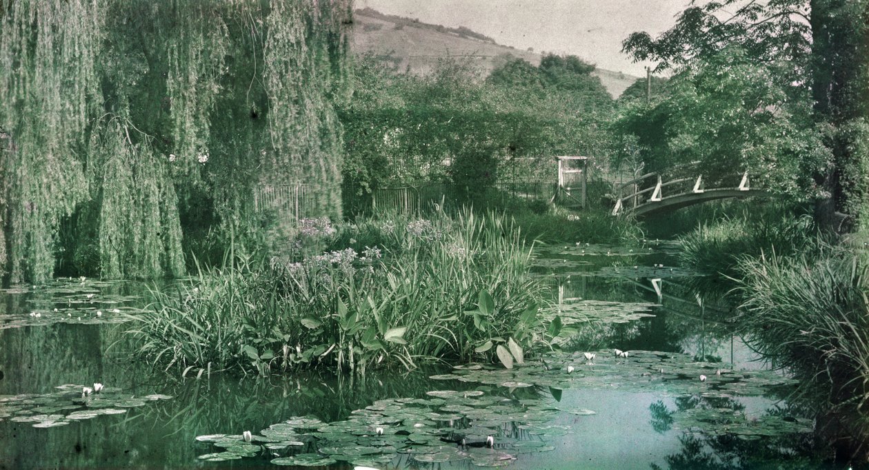 Estanque de nenúfares y puente japonés en el jardín de Monet en Giverny, principios de la década de 1920 (foto) de French Photographer