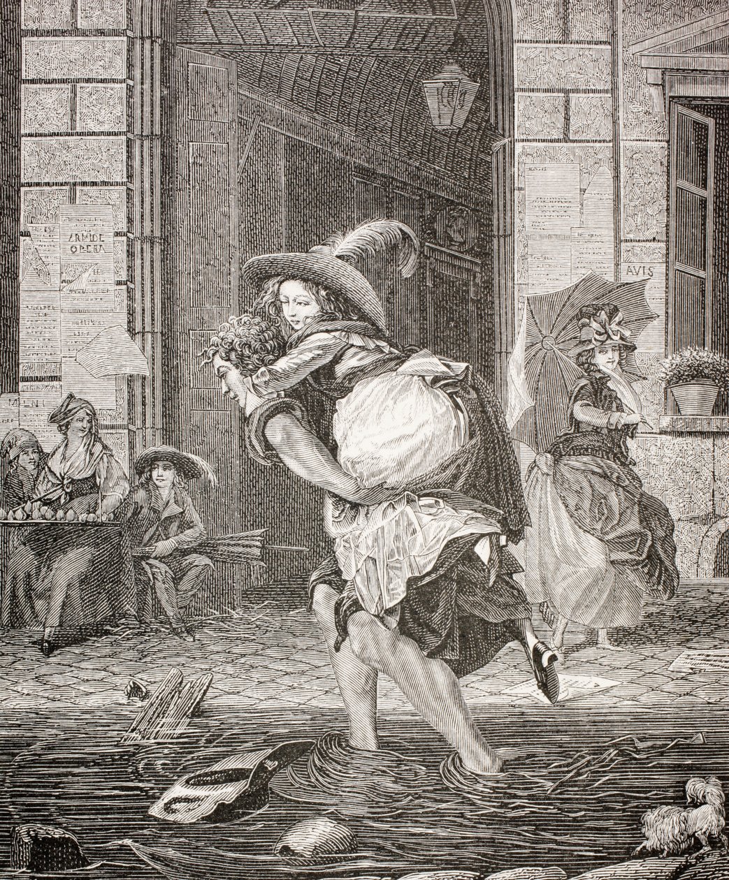 Un Transportista Llevando a una Mujer a Través de la Calle en un Día Lluvioso en el París del Siglo XVIII, 1875 de French School