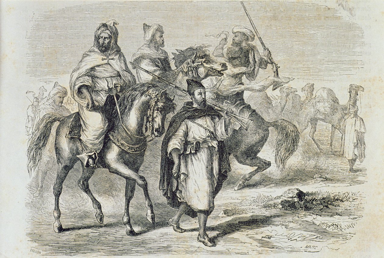 Una caravana marroquí en la década de 1860, grabado por Auguste Trichon de French School