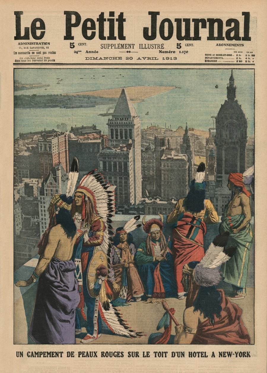 Un campamento de pieles rojas en el techo de un hotel en Nueva York, ilustración de portada de 