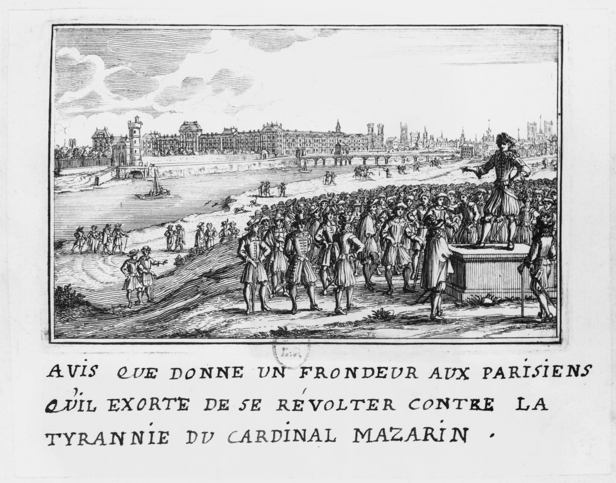 Un hombre de la Fronda exhortando a los parisinos a levantarse contra la tiranía del Cardenal Mazarino el 6 de enero de 1649 de French School