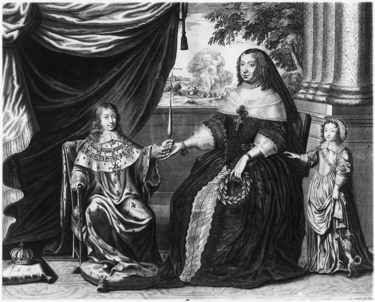 Ana de Austria, Reina de Francia y Navarra, y sus hijos, el Delfín Luis de Francia, futuro Luis XIV, y Felipe I, Duque de Orleans, 1643 de French School