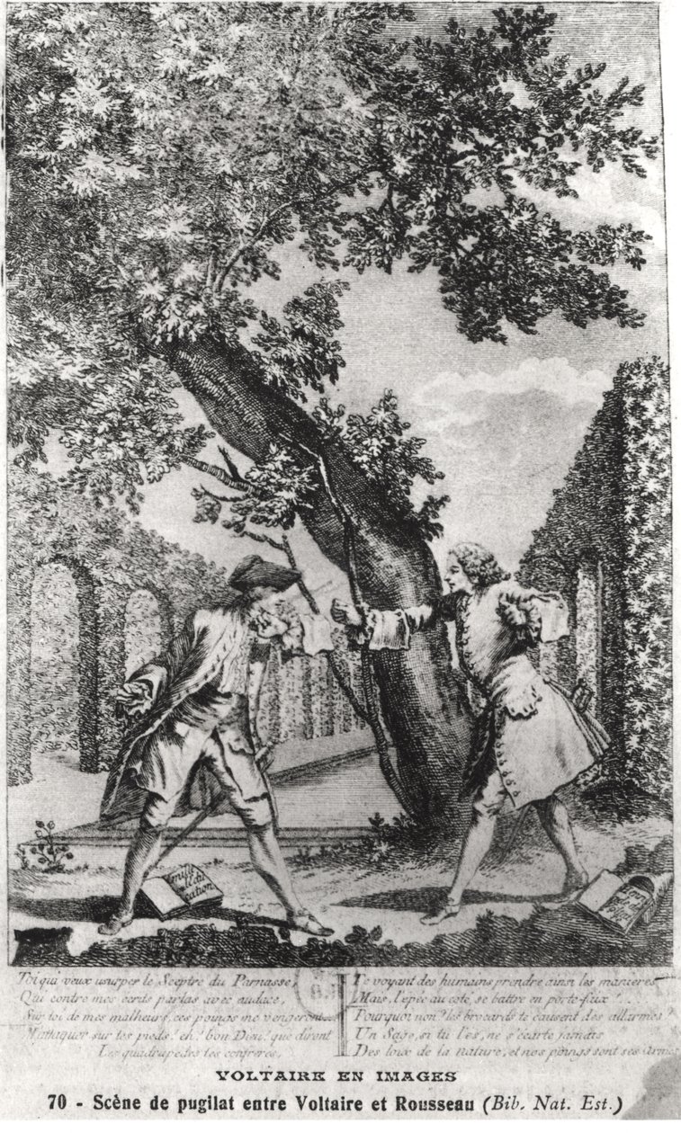 Discusión entre Jean-Jacques Rousseau (1712-78) y Voltaire (1694-1778) de French School